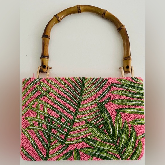 Tropical Pink Beaded Clutch with Bamboo Handle